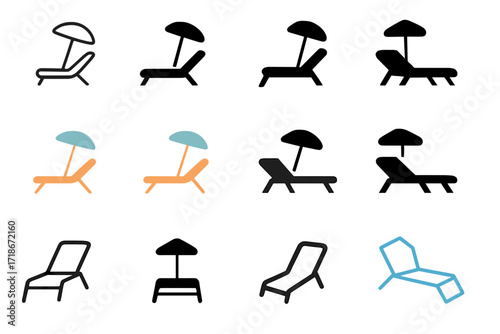 Outdoor Lounge Logos. Set Logo of outdoor lounging: poolside chaise lounge. Logo set in vector style, emblematic variations. line, bold thick line, solid black
