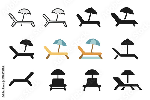 Outdoor Lounge Logos. Set Logo of outdoor lounging: poolside chaise lounge. Logo set in vector style, emblematic variations. line, bold thick line, solid black