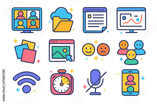 Isometric Teamwork Tool Icons. Colorful isometric vector icons set of remote teamwork tools: group video call, cloud file folder, shared notes app, online