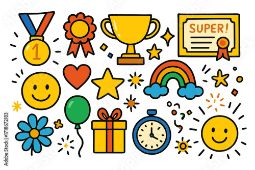 Children's Achievement Celebration. Colorful Hand-drawn doodle Children illustration Achievement Award [medal, ribbon, trophy, certificate, smiling face,