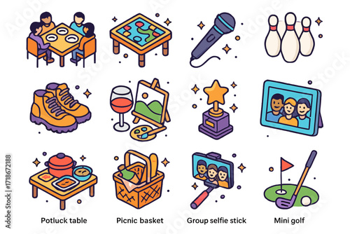 Team Bonding Icons. Colorful isometric vector icons set of team bonding activities: team lunch, board game table, karaoke microphone, bowling pins, hiking