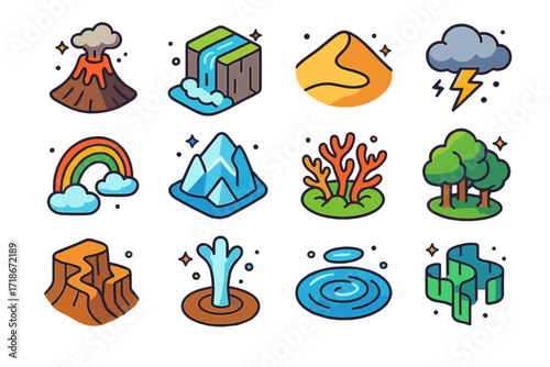Colorful Environmental Icons. Colorful isometric vector icons set of environmental elements: volcano, waterfall, desert dune, thunderstorm cloud, rainbow arc,