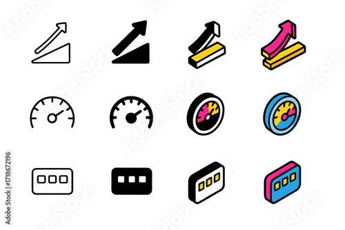 Elliptical Settings Icons. Icon Set of Elliptical Machine Settings: Incline adjustment, Speed level, Program button. Icons set in vector style, emblematic