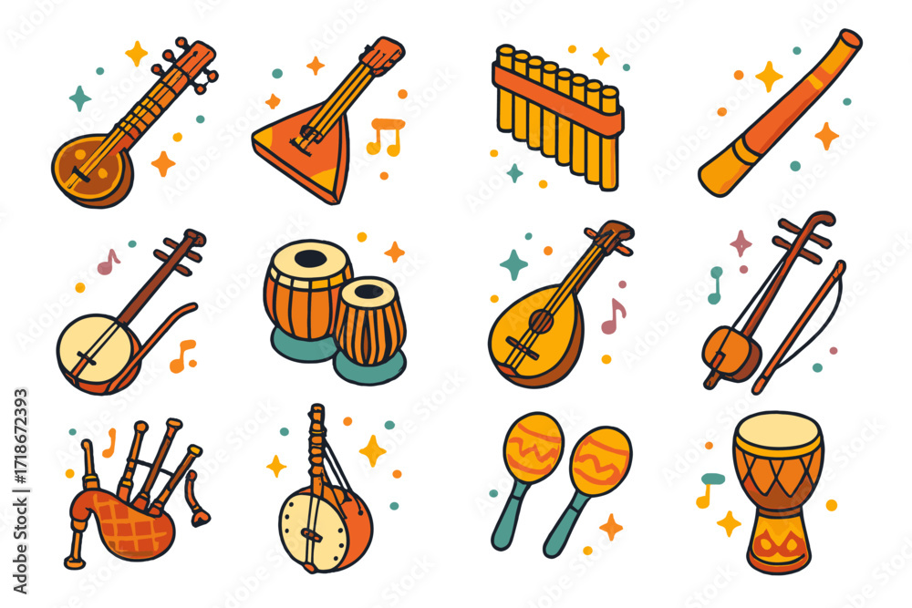 Obraz premium Traditional Instrument Icons. Colorful isometric vector icons set of Traditional musical instruments: sitar, balalaika, pan flute, didgeridoo, shamisen, tabla,