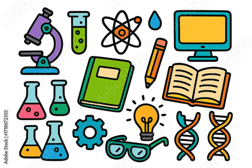 Colorful Science Doodles. Research. Colorful Hand-drawn doodle Children illustration microscope, test tube, flask, beaker, notebook, pencil, atom, droplet,