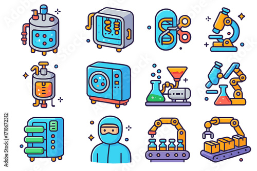 Antibiotic Production Icons. Colorful isometric vector icons set of antibiotic production technologies: bioreactor tank, fermentation chamber, gene editing