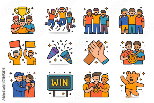 Victory Celebration Icons. Colorful isometric vector icons set of Team victory celebration: team photo with trophy, group jump cheer, arms over shoulders,