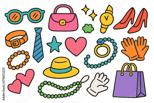 Fashion Doodle Delight. Colorful Hand-drawn doodle Children illustration Designer accessories sunglasses, purse, wristwatch, belt, high heels, tie, sparkles,