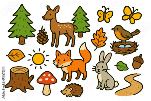 Whimsical Forest Creatures. Colorful Hand-drawn doodle Children illustration Pine and Wildlife deer, pine forest, fox, pinecone, hedgehog, rabbit, butterfly,