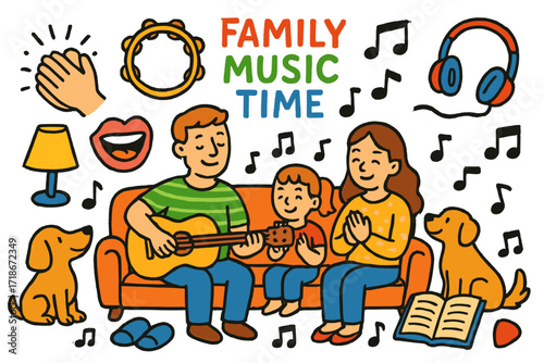 Family Music Time. Colorful Hand-drawn doodle Children illustration Family Music Time guitar, tambourine, singing mouth, couch, parent, child, dog, clapping
