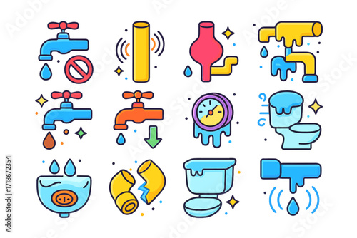 Frozen Plumbing Icons. Colorful isometric vector icons set of signs of frozen plumbing: no water from faucet, loud pipe noise, bulging pipe, ice buildup, water