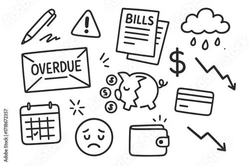 Financial Chaos Doodles. Hand-drawn doodle illustration Overdue payments envelope, bills, broken piggy bank, coins, credit card, wallet, calendar, clock,