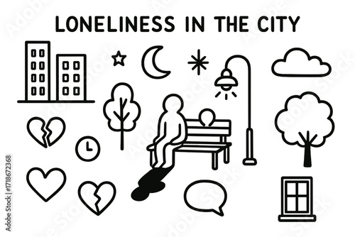 City Loneliness Doodle. Hand-drawn doodle illustration Loneliness in the city [tall buildings, streetlight, bench, lone figure, moon, star, sparkle, heart,