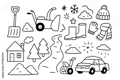 Winter Cleanup Doodles. Hand-drawn doodle illustration Heavy snow cleanup shovel, snow blower, snow pile, boots, gloves, hat, scarf, snowflake, star, spark,