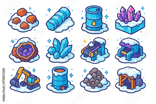 Frozen Resource Icons. Colorful isometric vector icons set of Frozen resource extraction: ore chunks in snow, icy drill core, oil drum on frozen ground,