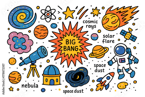 Cosmic Doodle Extravaganza. Colorful Hand-drawn doodle Children illustration Origin of the universe galaxy, starburst, planets, nebula, telescope, astronaut,