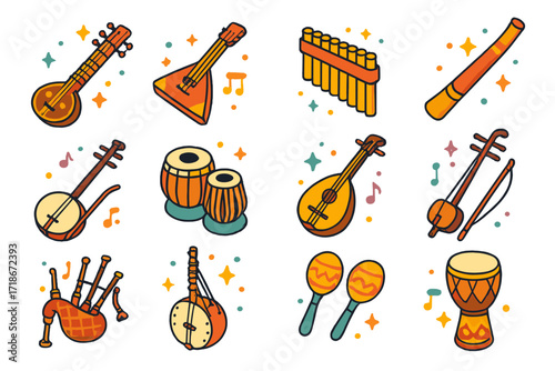 Traditional Instrument Icons. Colorful isometric vector icons set of Traditional musical instruments: sitar, balalaika, pan flute, didgeridoo, shamisen, tabla,