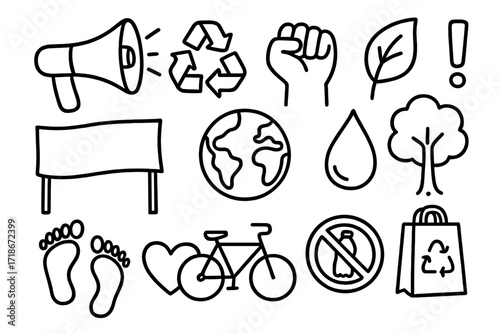 Eco Activism Icons. Hand-drawn doodle illustration eco activism protest sign, megaphone, raised fist, recycling symbol, leaf, globe, tree, banner, water