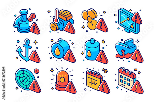 Maritime Alert Icons. Colorful isometric vector icons set of maritime and ship maintenance alerts: bilge pump failure, engine overheat, propeller damage
