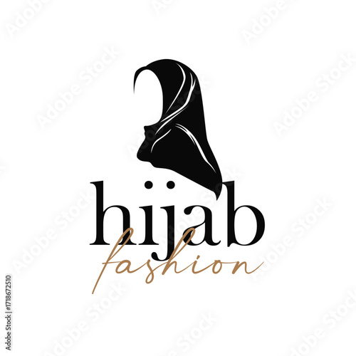 Beauty design concept of woman with black silhouette of simple elegant hijab logo, showing Muslim women's clothing style, illustration of symbol template for poster and brand