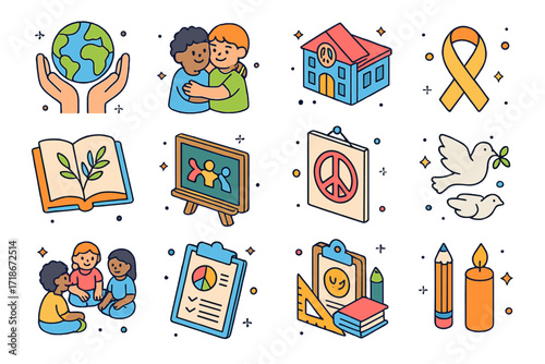 Peace Education Icons. Colorful isometric vector icons set of Peace education and awareness: globe in hands, children hugging, school with peace