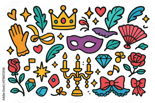 Masquerade Celebration Doodles. Colorful Hand-drawn doodle Children illustration Royal masquerade crown, elegant mask, feather, ribbon, sparkle, star, heart,