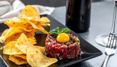Fototapeta Naklejka Na Ścianę i Meble -  Beef tartare with egg yolk, capers, and tortilla chips