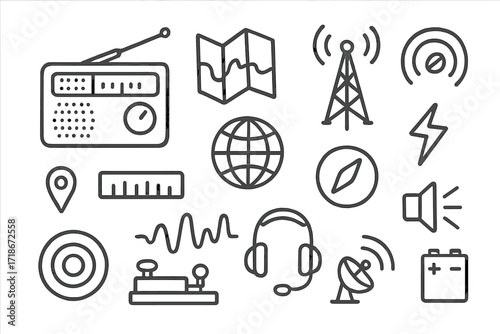 Radio Communication Doodles. Hand-drawn doodle illustration [shortwave radio communication] portable radio, map icon, antenna tower, tuning knob, world globe,