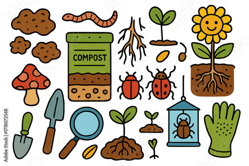 Soil Health Doodle. Colorful Hand-drawn doodle Children illustration Soil health and pest balance dirt clumps, worm, roots, smiling plant, flower, seed, soil