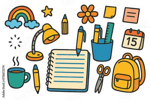 Colorful Desk Doodle. Colorful Hand-drawn doodle Children illustration Desk Organization [desk, notebook, pencil, pen holder, scissors, lamp, mug, clock, star,