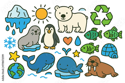 Polar Wildlife Doodles. Colorful Hand-drawn doodle Children illustration Melting icebergs iceberg, polar bear, seal, penguin, fish, whale, walrus, snowflake,