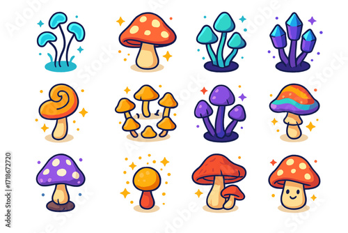 Fantasy Mushroom Icons. Colorful isometric vector icons set of fantasy and magical mushrooms: glowing mushroom, oversized toadstool, bioluminescent fungi,