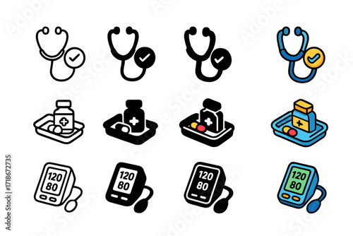 Nursing Home Icon Set. Icon Set of Nursing home medical care: stethoscope check, medicine tray, blood pressure monitor. Icons set in vector style, emblematic