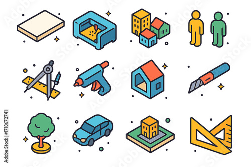 Isometric Architecture Icon Set. Colorful isometric vector icons set of architectural model building: foam board sheet, laser cutter machine, small buildings,