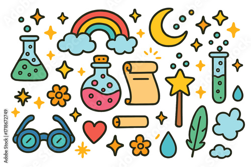 Magic Potion Doodle. Colorful Hand-drawn doodle Children illustration magic potions and reagents potion bottle, sparkles, rainbow, bubbling flask, test tube,