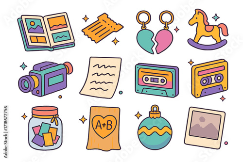 Nostalgic Icon Collection. Colorful isometric vector icons set of nostalgic shared memories: flipping photo album, old ticket stub, childhood toy, matching