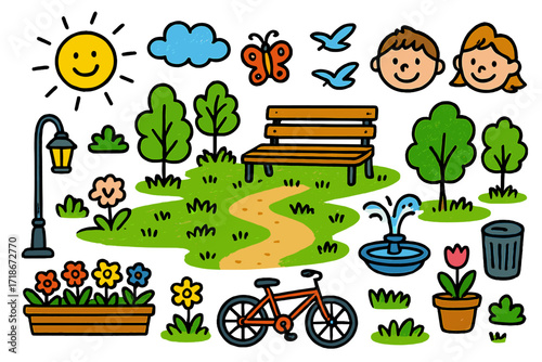 Colorful Urban Park Doodle. Colorful Hand-drawn doodle Children illustration Urban green spaces park bench, trees, grass, flower beds, butterfly, sun, clouds,