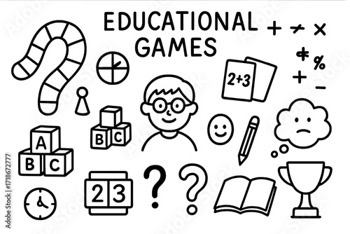 Educational Game Doodles. Hand-drawn doodle illustration Educational games [board game, spinner, math symbols, flashcards, ABC blocks, student, pencil, smiling