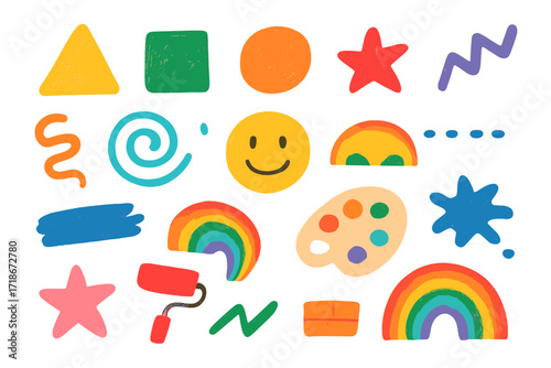 Colorful Children's Doodle. Colorful Hand-drawn doodle Children illustration Abstract shapes mural triangle, square, circle, squiggle, spiral, brush stroke,
