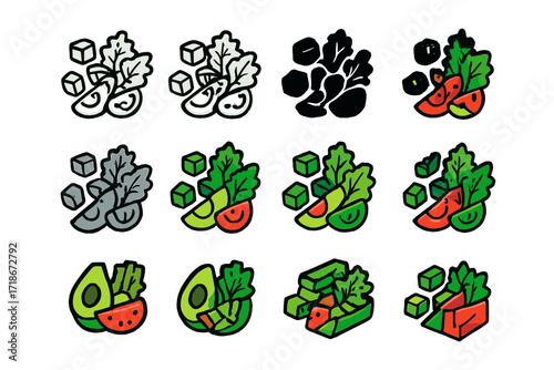 Salad Logo Variations. Set Logo of preparing a fresh salad with avocado, tomatoes, and greens: Chopped ingredients. Logo set in vector style, emblematic