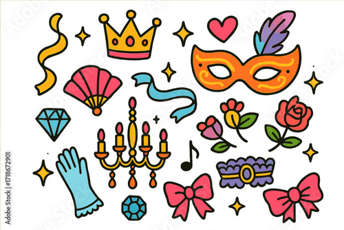 Masquerade Celebration Doodles. Colorful Hand-drawn doodle Children illustration Royal masquerade crown, elegant mask, feather, ribbon, sparkle, star, heart,