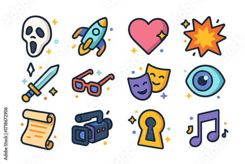 Film Genre Icons. Colorful isometric vector icons set of film genres: horror mask, sci-fi spaceship, romantic heart, action explosion, fantasy sword, comedy