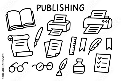 Publishing Tools Doodles. Publishing. Hand-drawn doodle illustration open book, stack of books, printer, typewriter, scroll, ink pen, paper sheets, ruler,
