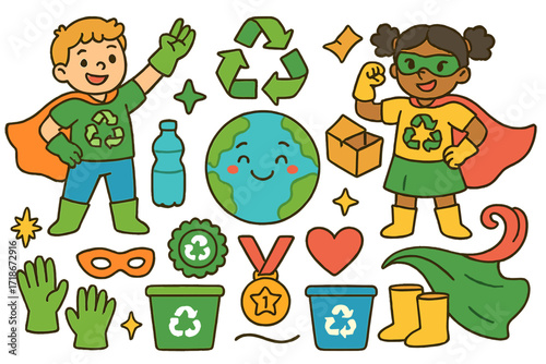 Recycling Superheroes Unite. Colorful Hand-drawn doodle Children illustration Recycling heroes capes, recycle symbol, gloves, bins, smiling Earth, bottle,