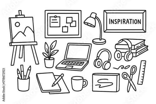 Creative Studio Doodle. Hand-drawn doodle illustration Creative studio corner [easel, sketchpad, pencil, pen holder, plant, laptop, headphones, cork board,