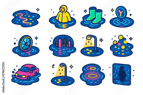 Neon Rain Reflections. Colorful isometric vector icons set of rainy neon reflections: puddle with city lights, raincoat reflection, glowing boots in water,
