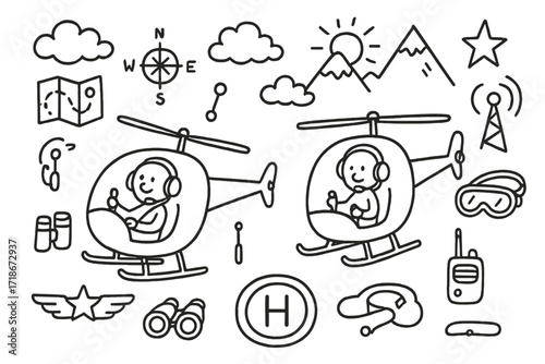 Helicopter Pilot Doodles. Hand-drawn doodle illustration Pilots flying helicopters [helicopter, pilot figure, headset, control stick, clouds, mountain, sun,