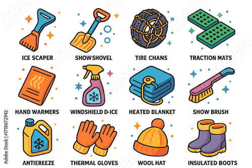 Winter Car Emergency Kit. Colorful isometric vector icons set of winter car emergency kit: ice scraper, snow shovel, tire chains, traction mats, hand warmers,