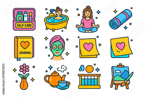 Self-Care Icon Set. Colorful isometric vector icons set of self-love and solitude: self-care kit, spa bath, meditation pose, yoga mat, gratitude journal, face