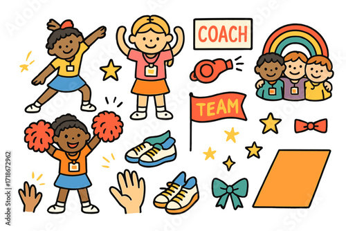 Cheer Team Doodle. Colorful Hand-drawn doodle Children illustration Cheer formation practice triangle pose, hand circle, coach sign, pom-poms, name badges,